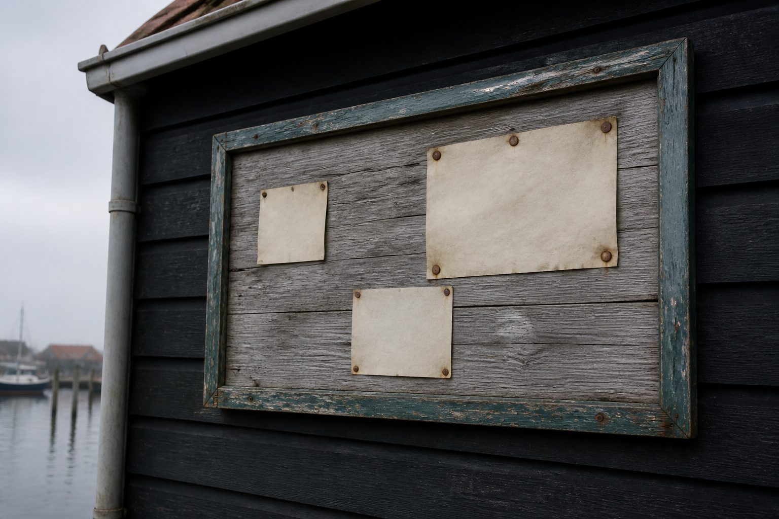 Bord met vellen aan de loods